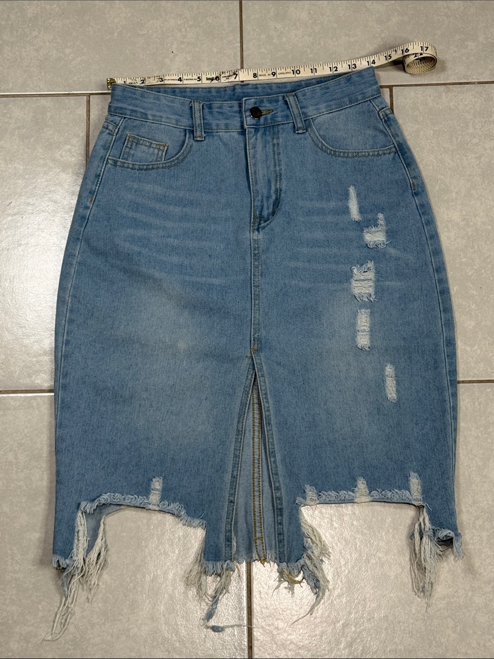 Distressed Light Blue Denim Midi Skirt with Front Slit
